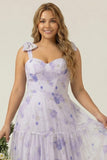 Lilac A-Line Floral Print Lace-Up Back Plus Size Wedding Party Dress with Shoulder Bows