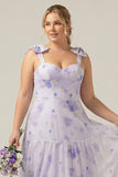 Lilac A-Line Floral Print Lace-Up Back Plus Size Wedding Party Dress with Shoulder Bows