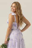 Lilac A-Line Floral Print Lace-Up Back Plus Size Wedding Party Dress with Shoulder Bows