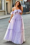 Lilac Princess A-Line Off The Shoulder Pleated Tiered Long Prom Dress