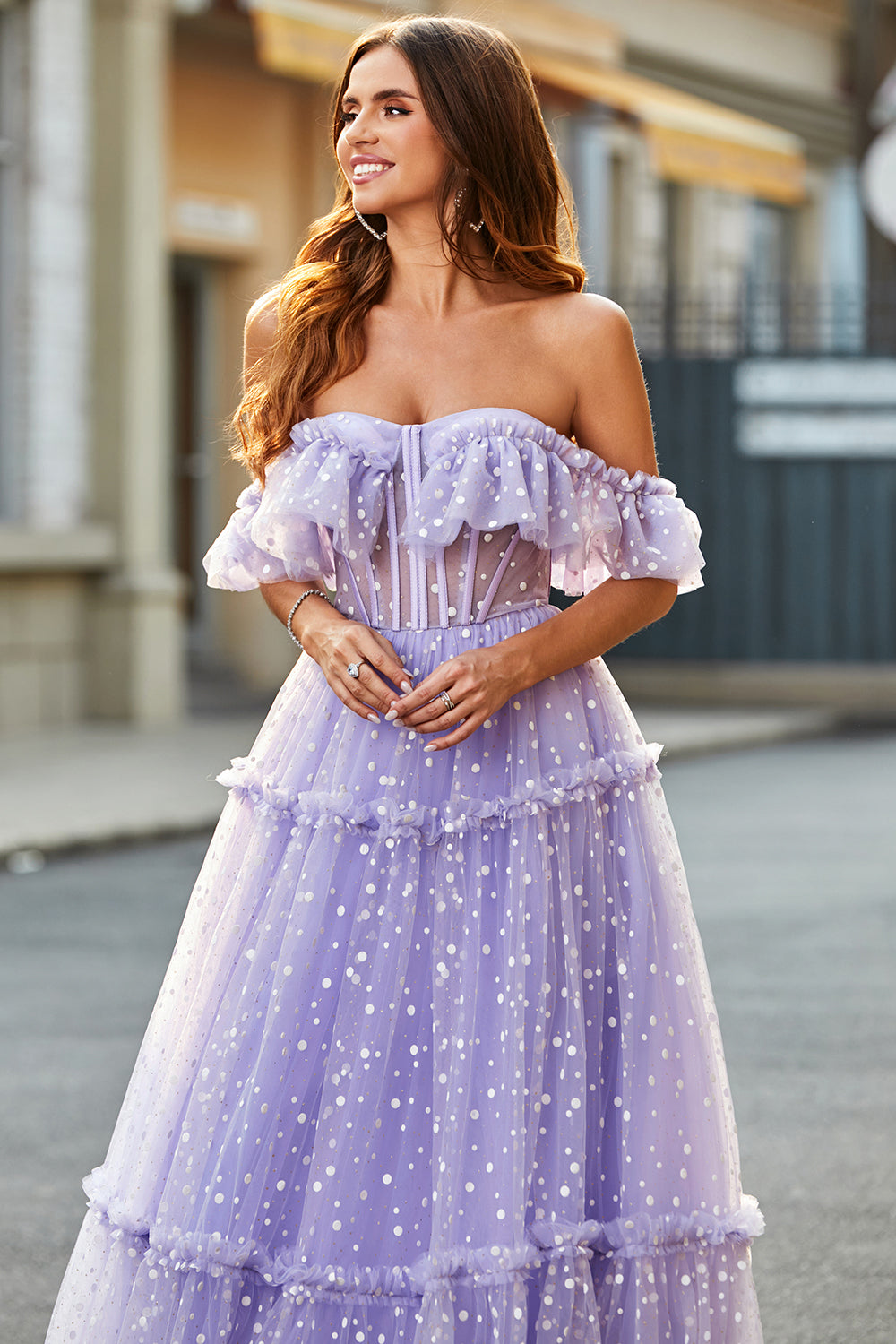 Lilac Princess A-Line Off The Shoulder Pleated Tiered Long Prom Dress