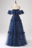 Navy Princess A-Line Off The Shoulder Pleated Tiered Long Prom Dress