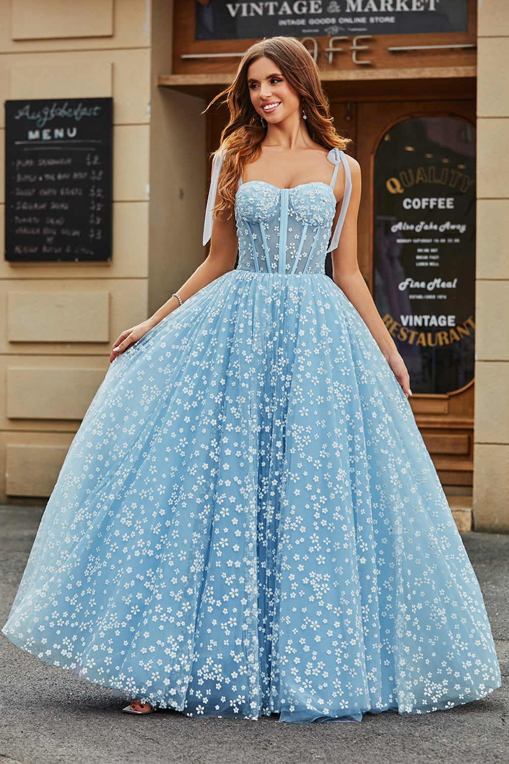 Wedtrend Women Sky Blue Prom Dress Ball-Gown Spaghetti Straps Corset Long Party Dress With Floral WEDTREND Wedtrend Women Sky Blue Prom Dress Ball-Gown Spaghetti Straps Corset Long Party Dress With Floral WEDTREND