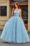 Sky Blue Ball-Gown Spaghetti Straps Corset Long Prom Dress With Floral