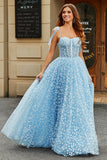 Sky Blue Ball-Gown Spaghetti Straps Corset Long Prom Dress With Floral