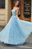 Sky Blue Ball-Gown Spaghetti Straps Corset Long Prom Dress With Floral