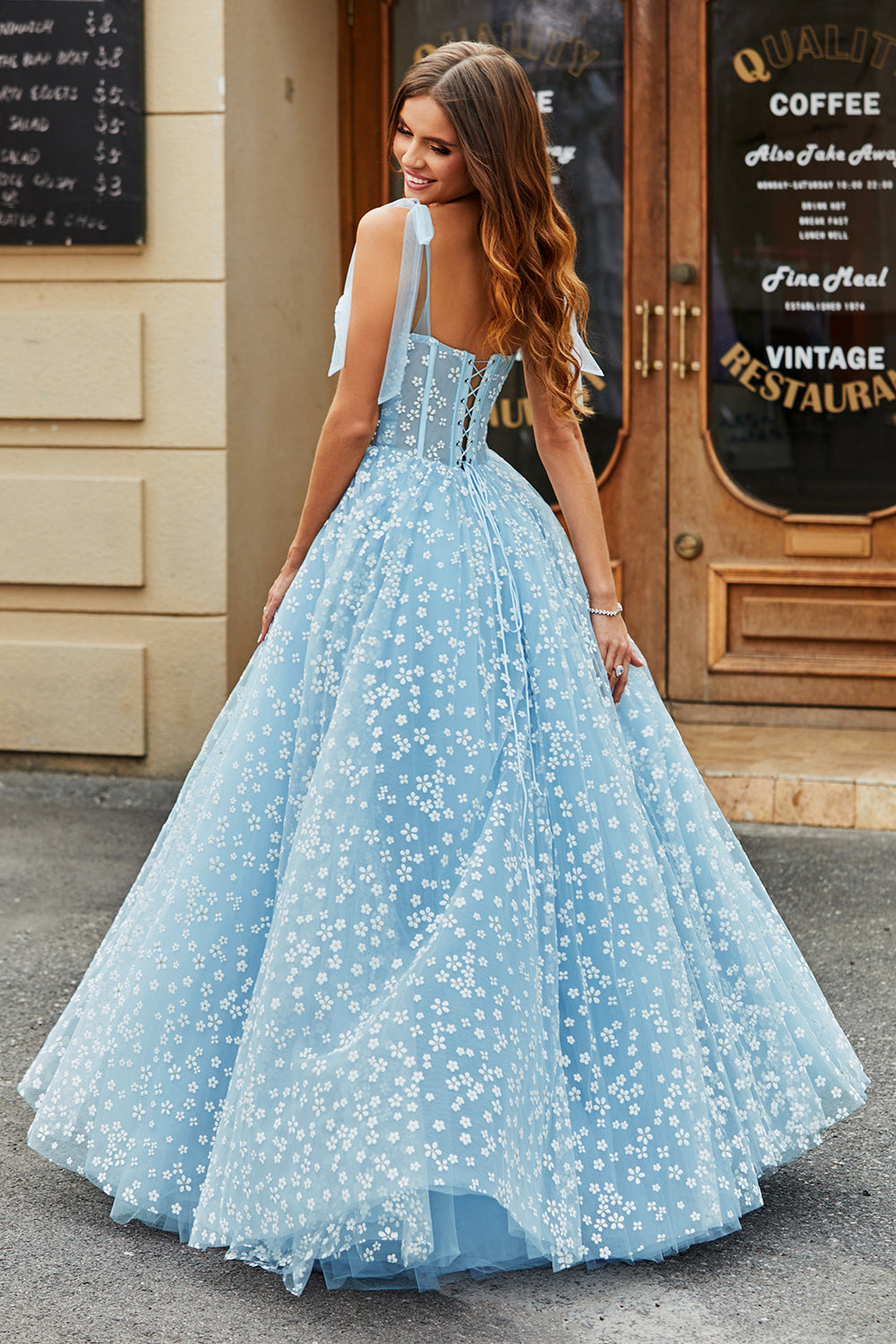 Sky Blue Ball-Gown Spaghetti Straps Corset Long Prom Dress With Floral