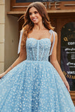 Sky Blue Ball-Gown Spaghetti Straps Corset Long Prom Dress With Floral