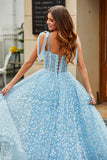 Sky Blue Ball-Gown Spaghetti Straps Corset Long Prom Dress With Floral