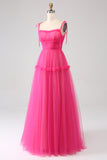 Princess A-Line Spaghetti Straps Hot Pink Tulle Long Prom Dress