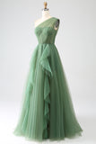 Dark Green A-Line One-Shoulder Long Tulle Prom Dress