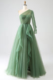 Dark Green A-Line One-Shoulder Long Tulle Prom Dress With Long Sleeves