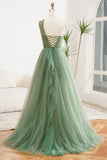 Dark Green A-Line One Shoulder Tulle Long Prom Dress With Slit