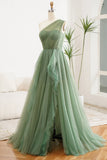 Dark Green A-Line One Shoulder Tulle Long Prom Dress With Slit