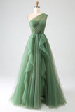 Navy A-Line One-Shoulder Long Tulle Prom Dress With Slit