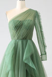 Dark Green A-Line One-Shoulder Long Tulle Prom Dress With Long Sleeves