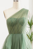 Dark Green A-Line One Shoulder Tulle Long Prom Dress With Slit