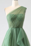 Dark Green A-Line One-Shoulder Long Tulle Prom Dress