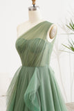 Dark Green A-Line One Shoulder Tulle Long Prom Dress With Slit