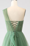 Dark Green A-Line One-Shoulder Long Tulle Prom Dress
