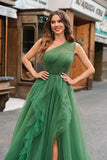 Glitter Dark Green A-Line One-Shoulder Tulle Long Prom Dress with Slit