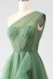 Dark Green A-Line One-Shoulder Long Tulle Prom Dress