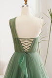 Dark Green A-Line One Shoulder Tulle Long Prom Dress With Slit