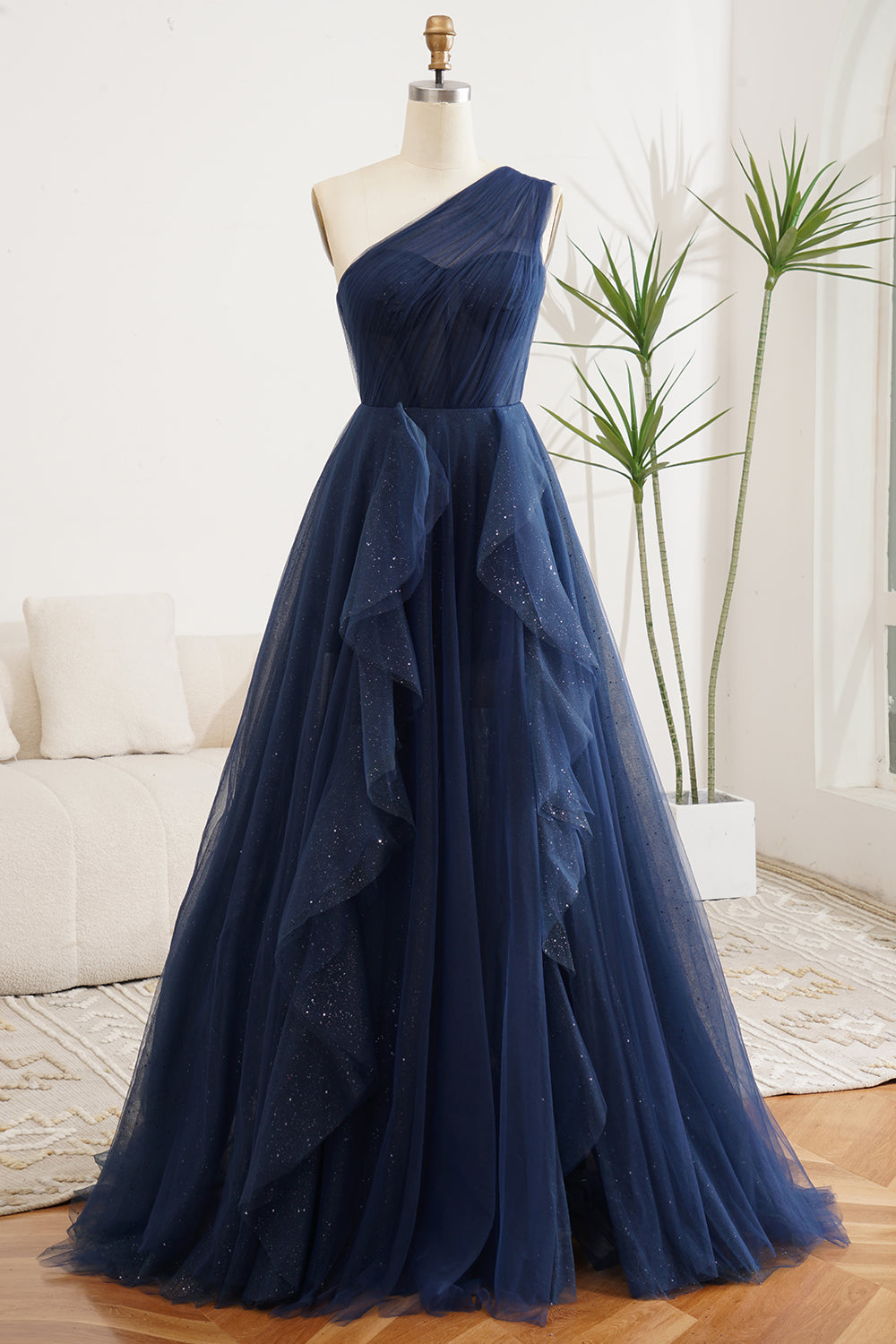 Wedtrend Women Navy Prom Dress With Slit A-Line One Shoulder Tulle Long Wedding Guest Dress WEDTREND Wedtrend Women Navy Prom Dress With Slit A-Line One Shoulder Tulle Long Wedding Guest Dress WEDTREND