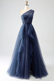 Glitter Dark Green A-Line One-Shoulder Tulle Long Prom Dress with Slit