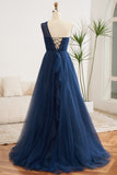 Navy A-Line One Shoulder Tulle Long Prom Dress With Slit