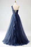 Navy A-Line One-Shoulder Long Tulle Prom Dress With Slit