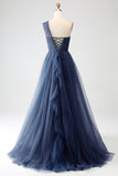 Glitter Dark Green A-Line One-Shoulder Tulle Long Prom Dress with Slit