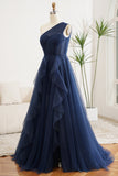 Navy A-Line One Shoulder Tulle Long Prom Dress With Slit