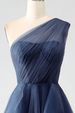 Navy A-Line One-Shoulder Long Tulle Prom Dress With Slit