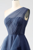 Navy A-Line One-Shoulder Long Tulle Prom Dress With Slit