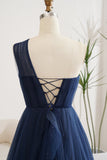 Navy A-Line One Shoulder Tulle Long Prom Dress With Slit