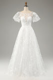 Ivory Ball-Gown/Princess Embroidered Long Wedding Dress with Short Sleeves