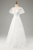 Ivory Ball-Gown/Princess Embroidered Long Wedding Dress with Short Sleeves