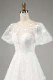 Ivory Ball-Gown/Princess Embroidered Long Wedding Dress with Short Sleeves