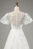 Ivory Ball-Gown/Princess Embroidered Long Wedding Dress with Short Sleeves