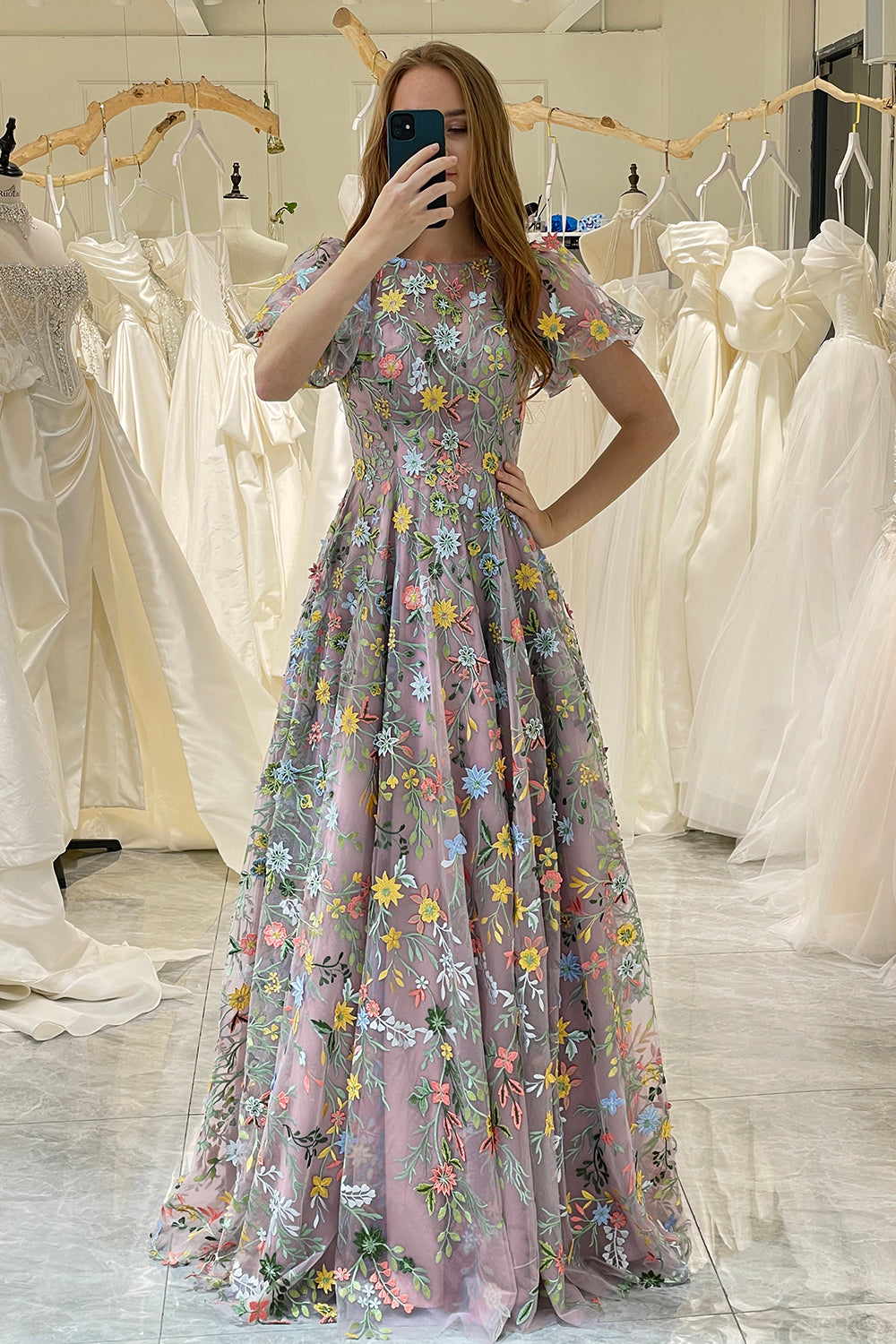 Wedtrend Women Mauve Princess Prom Dress A-Line Embroidered Long Formal Dress with Short Sleeves WEDTREND Wedtrend Women Mauve Princess Prom Dress A-Line Embroidered Long Formal Dress with Short Sleeves WEDTREND