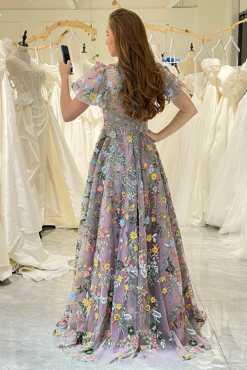 Wedtrend Women Mauve Princess Prom Dress A Line Embroidered Long Formal Dress with Short Sleeves WEDTREND