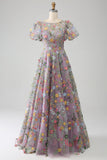 Ivory Flower Ball-Gown/Princess Embroidered Long Prom Dress with Short Sleeves