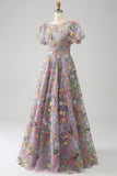 Ivory Flower Ball-Gown/Princess Embroidered Long Prom Dress with Short Sleeves