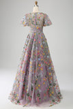 Ivory Flower Ball-Gown/Princess Embroidered Long Prom Dress with Short Sleeves