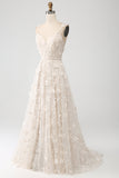 Apricot A Line Spaghetti Straps Beaded Split Long Wedding Dress with 3D Butterflies