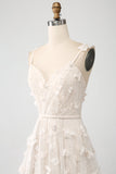 Apricot A Line Spaghetti Straps Beaded Split Long Wedding Dress with 3D Butterflies