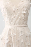Apricot A Line Spaghetti Straps Beaded Split Long Wedding Dress with 3D Butterflies