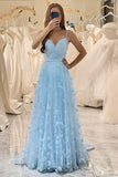 Sparkly Sky Blue A Line Spaghetti Straps Beaded Prom Dress with 3D Butterflies