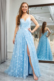 Sky Blue A Line Spaghetti Straps Beaded Prom Dress with 3D Butterflies